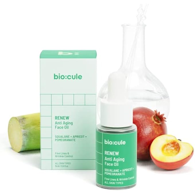 Biocule زيت الوجه المضاد للشيخوخة رينيو مع سكوالان السكر وزيوت المشمش والرمان، زيت وجه طبيعي لخطوط الوجه الدقيقة وإصلاح التجاعيد، خفيف الوزن، مناسب لجميع أنواع البشرة، 15 مل أصفر - Image 1